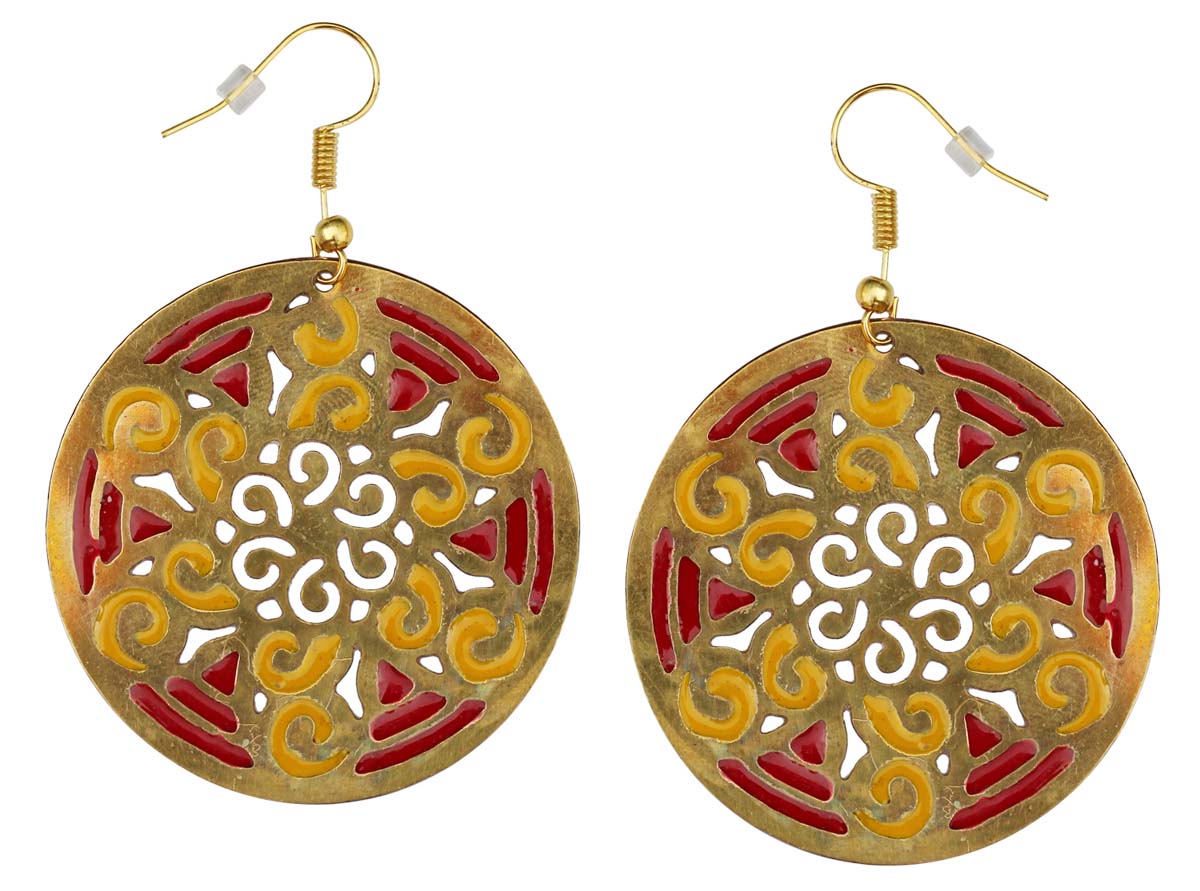Pair of Round Hook Earrings in Brass - 2.5” Floral Open-Work Art & Red Yellow Enameled Work - Drop Earrings / Women Fashion Jewelry - Buy in Bulk Wholesale